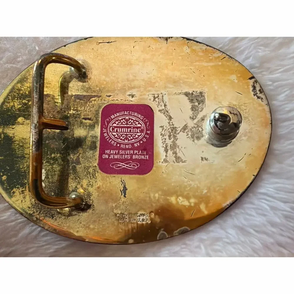 Vintage Crumrine Mfg USA Deer Western Belt Buckle Gold Silver Tone Oval Buck